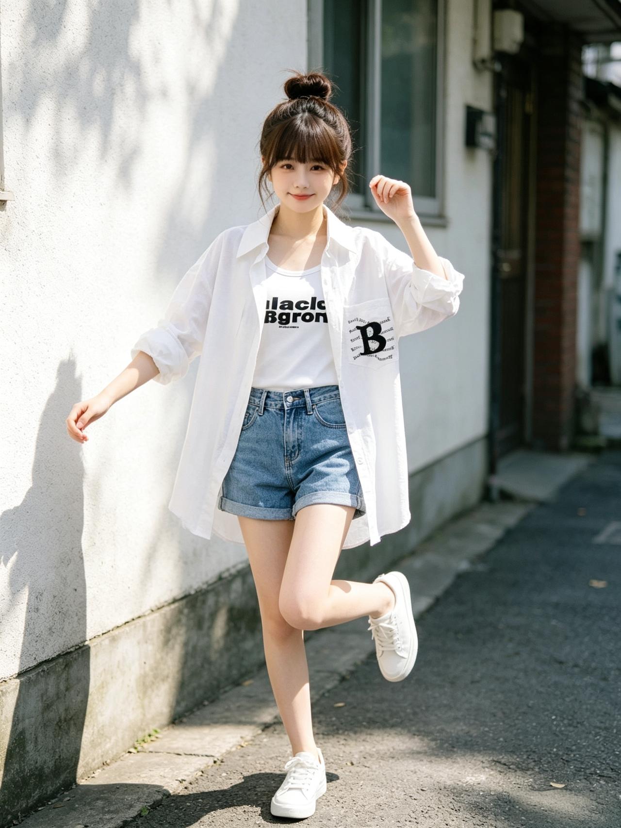元气少女穿搭指南：白色衬衫+牛仔短裤，轻松自在！🌞👗👟女孩子怎么穿搭既时尚
