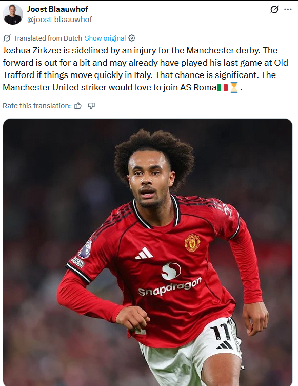 齐尔克泽没有入选曼联vs曼城的比赛大名单，曼联官方的说法是轻微撞伤，昨天缺席训练