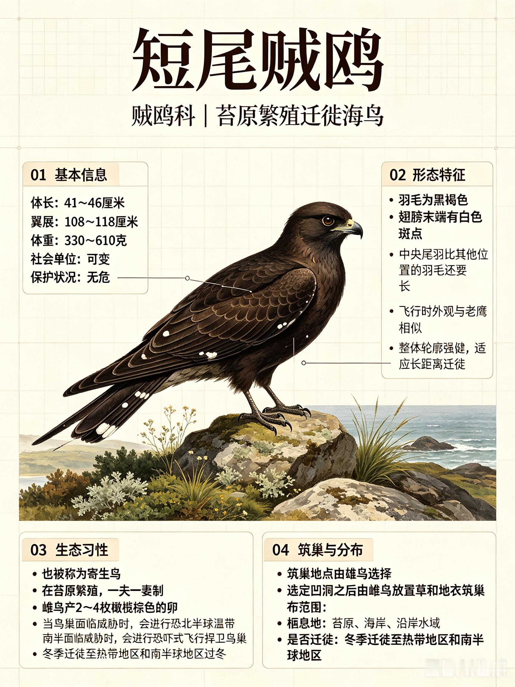 鸟类朋友图鉴 短尾贼鸥体长：41~46 厘米翼展：108~118 厘米体重：33