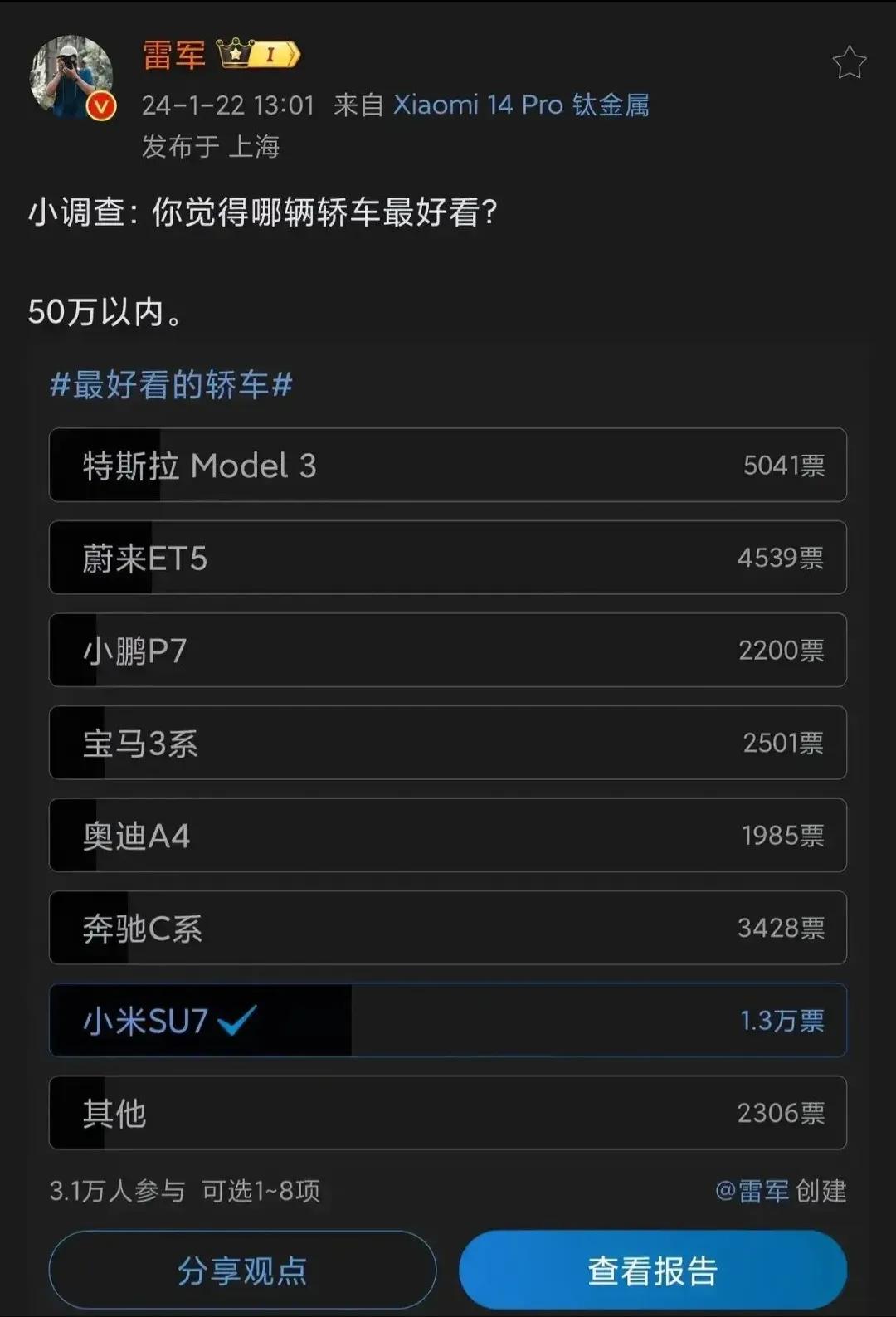 雷总又来做小调查了，假如你订购SU7，你会买哪种颜色？天天调查颜色，哪个最好看有