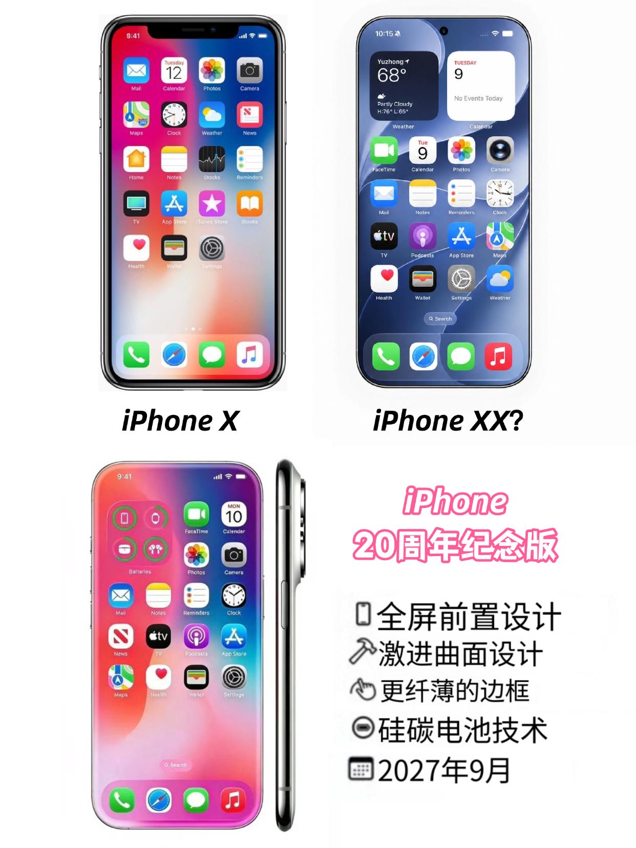 苹果十周年的时候，iPhone X横空出世，直接引领了手机设计新潮流，明年就是二