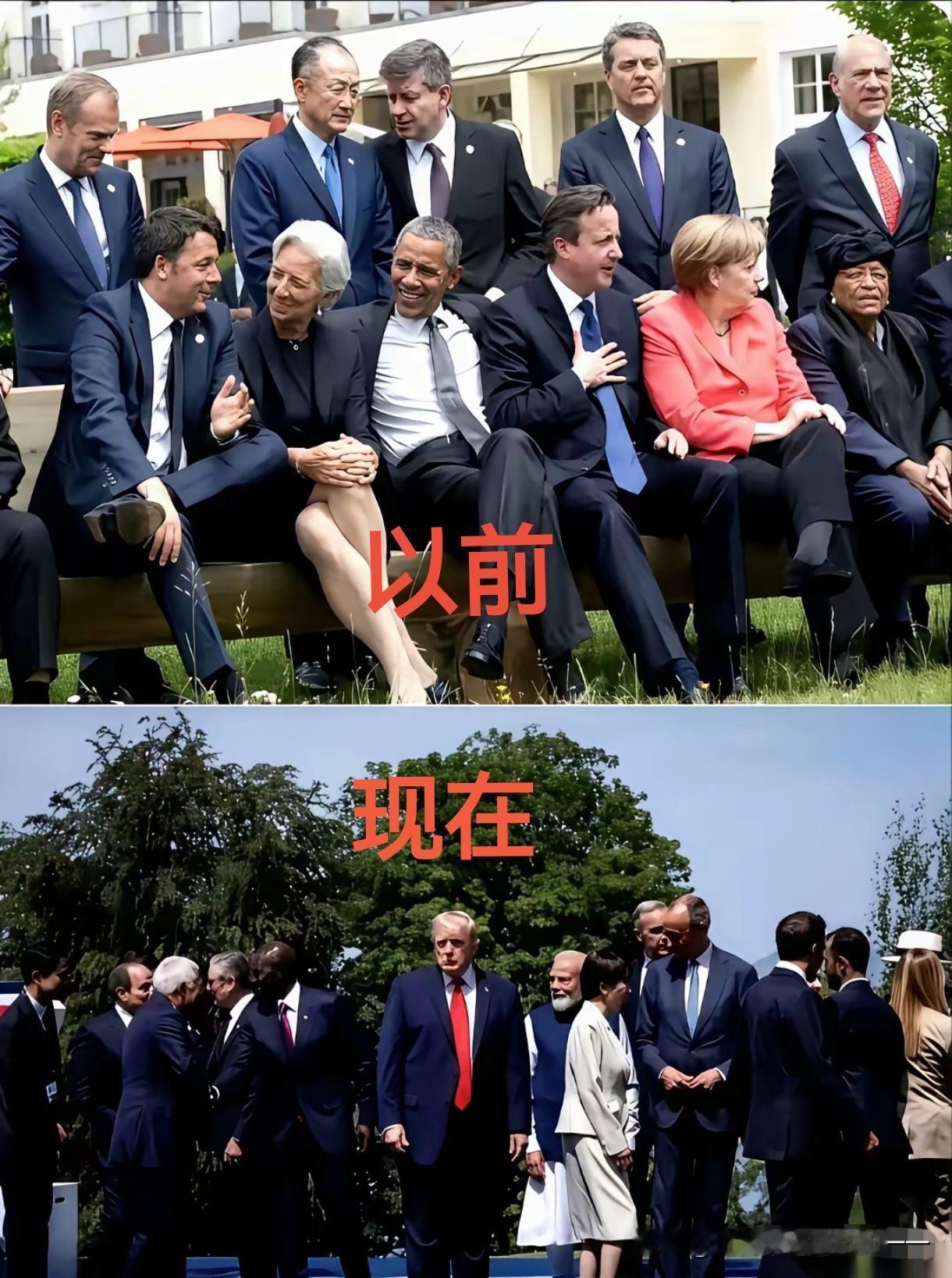 以前的G7和现在的画风为啥不一样？

第一张（G7旧合影）
人物：奥巴马（美国）