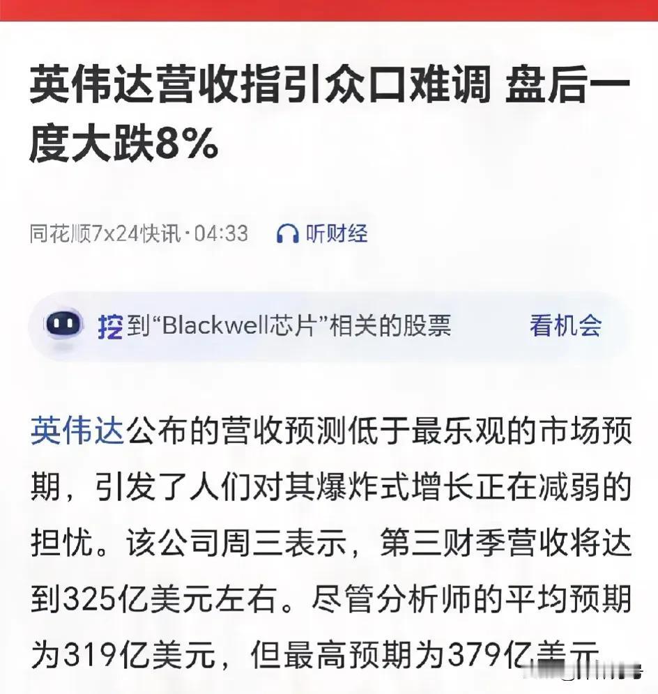 英伟达业绩预告大概是325亿，可以说没有超预期，没有不及预期，但是盘后还是大跌了