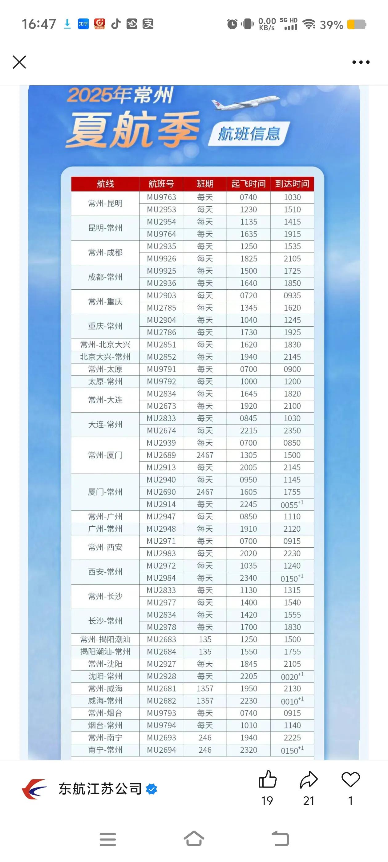 2025东航常州夏航季航班