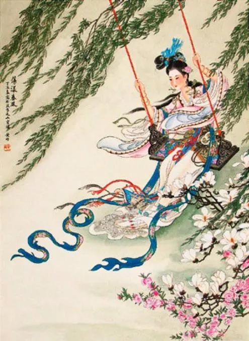 工笔仕女画欣赏《荡漾春风》#精品年画分享# #绝美画作赏析#