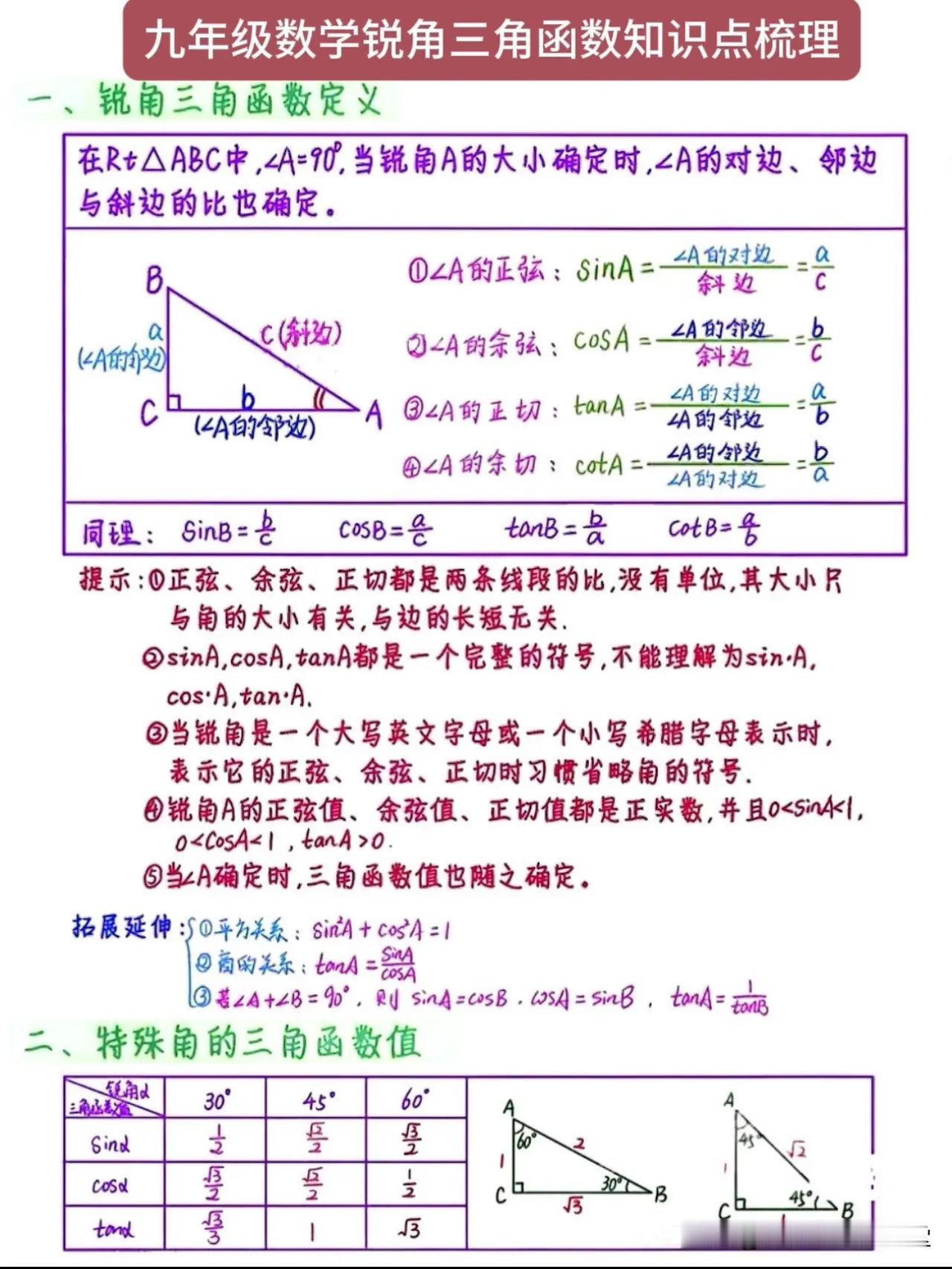 九年级数学锐角三角函数知识点梳理