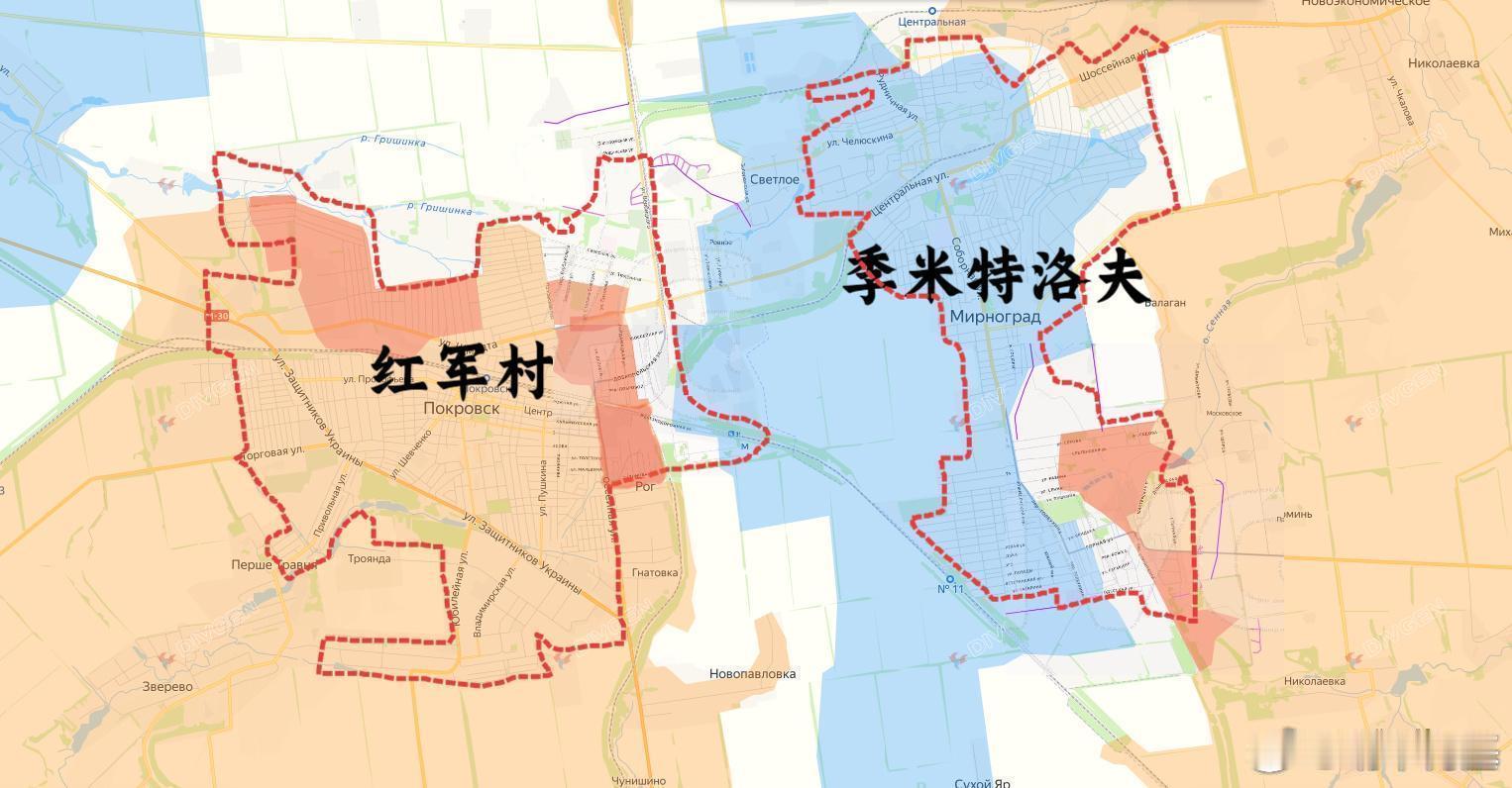 箭头社开始更新红军村东北进展，不过比较保守，先画的灰区，占领比较小来源：DIVG