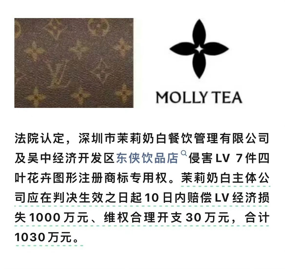 LV起诉茉莉奶白判赔1030万2026年7月2日，江苏省苏州市中级人民法院公布路