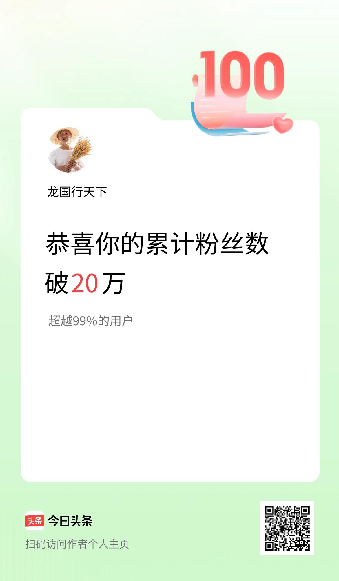 我在头条累计粉丝数破20万啦！谢谢大家都支持！[赞][握手]