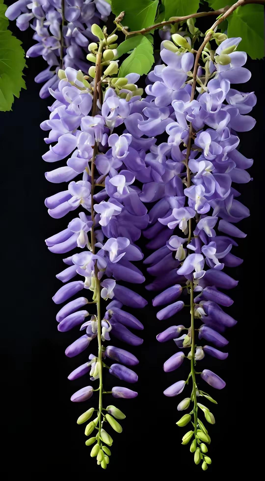 西江月 紫藤
串紫垂珠悬露，
风摇披浪浮纱。
翠云叠处隐仙家。
谁泼丹青如画。