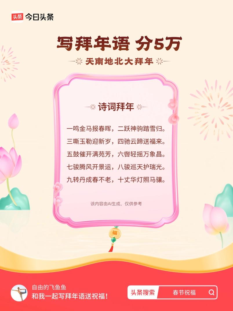 写拜年语送祝福新春拜年送祝福！我的祝福是：“一鸣金马报春晖，二跃神驹踏雪归。三嘶