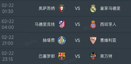 北京时间2月22日，明天的西甲联赛第25轮有4场对决：

第一场01：30，奥萨