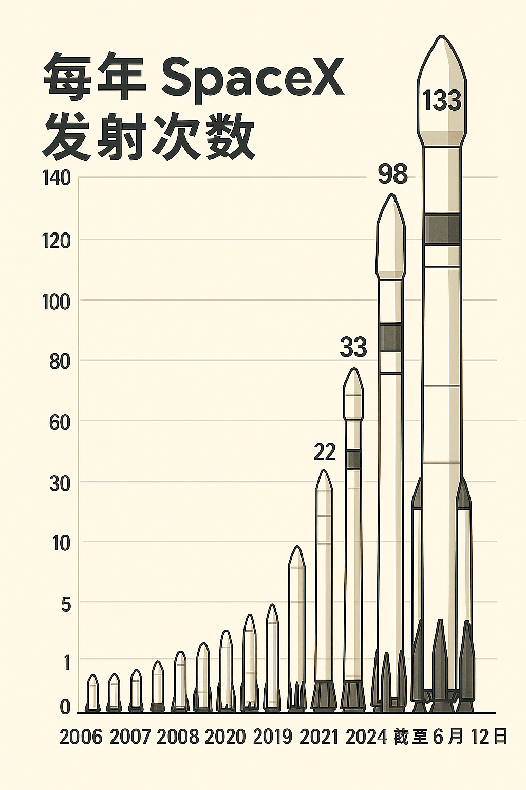 每年SpaceX发射次数2006: 12007: 12008: 22009: 1
