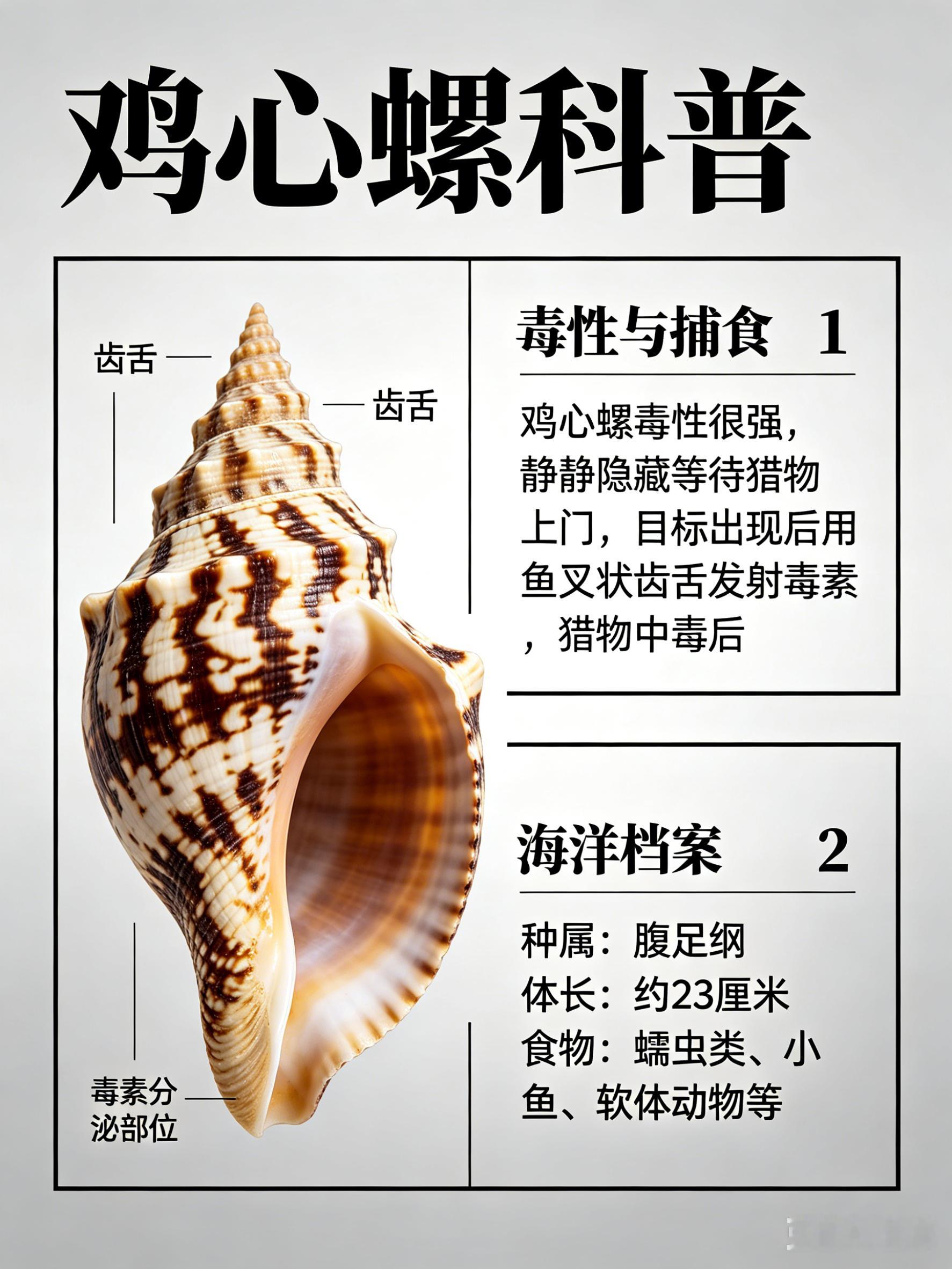 海洋朋友圈 鸡心螺海洋档案种　属：腹足纲体　长：约23厘米食　物：蠕虫类、小鱼、