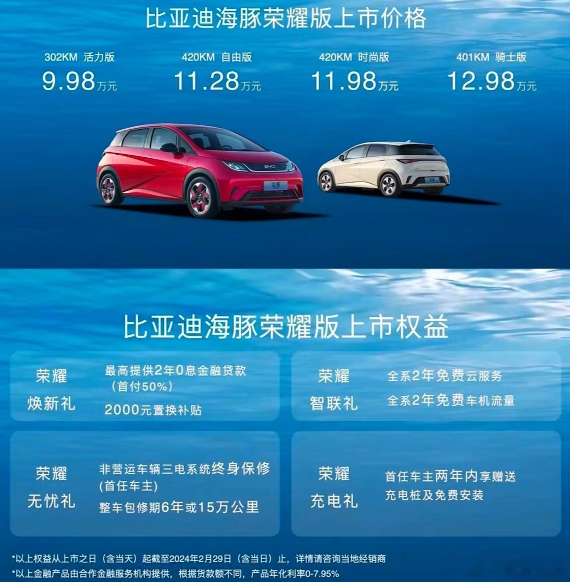 2月23日，比亚迪海豚荣耀版正式上市，4款车型，售价区间9.98-12.98万元