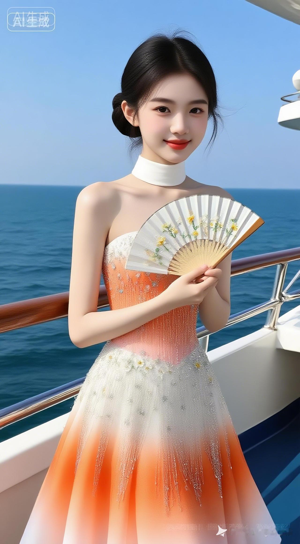 东方清冷少女，冷白皮精致网感脸，身姿曼妙。身着橙白渐变挂脖鱼尾礼裙，满钻流苏缀饰