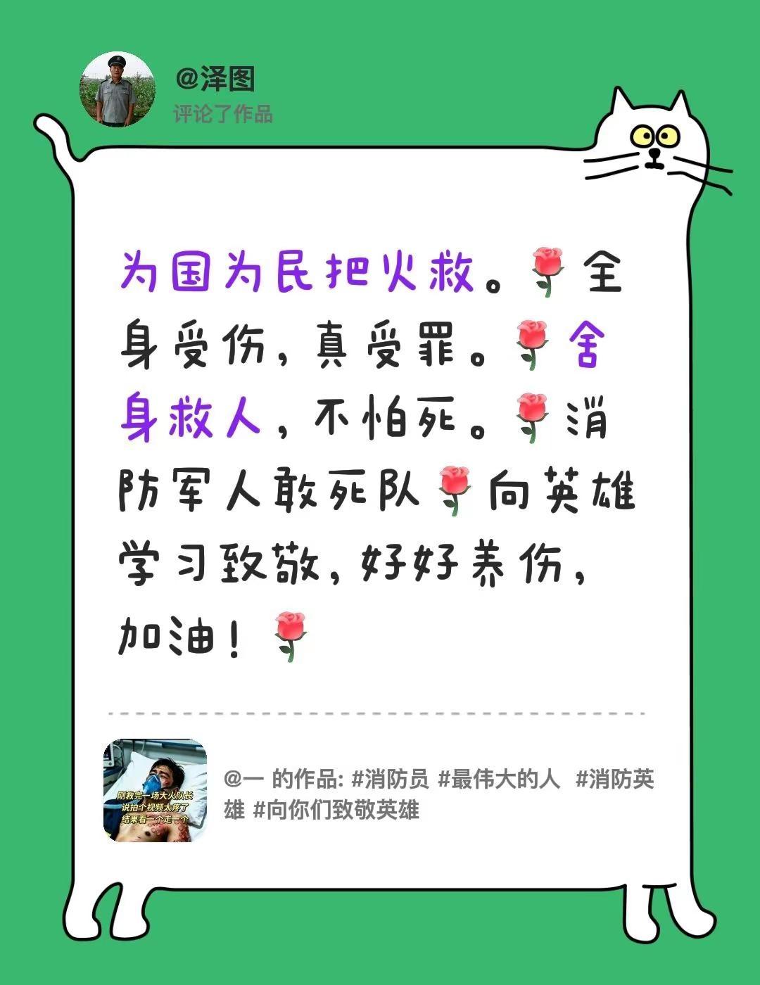 我评论了@一 的作品：为国为民把火救。全身受伤，真受罪。舍身救人，不怕死。消防军