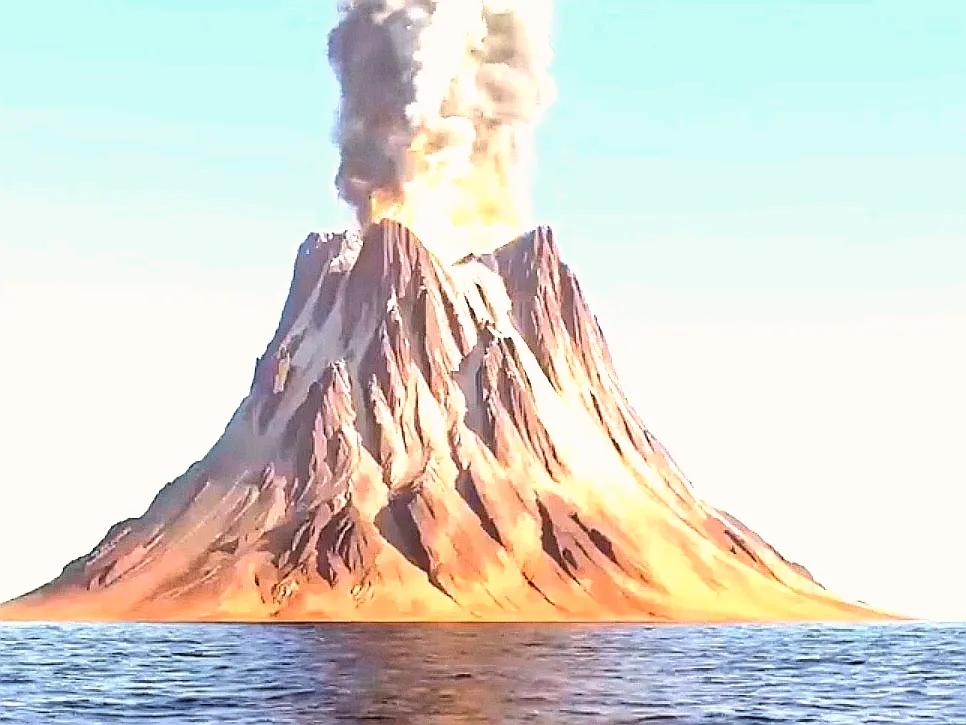 火山喷发喷火，烟雾弥漫云间。