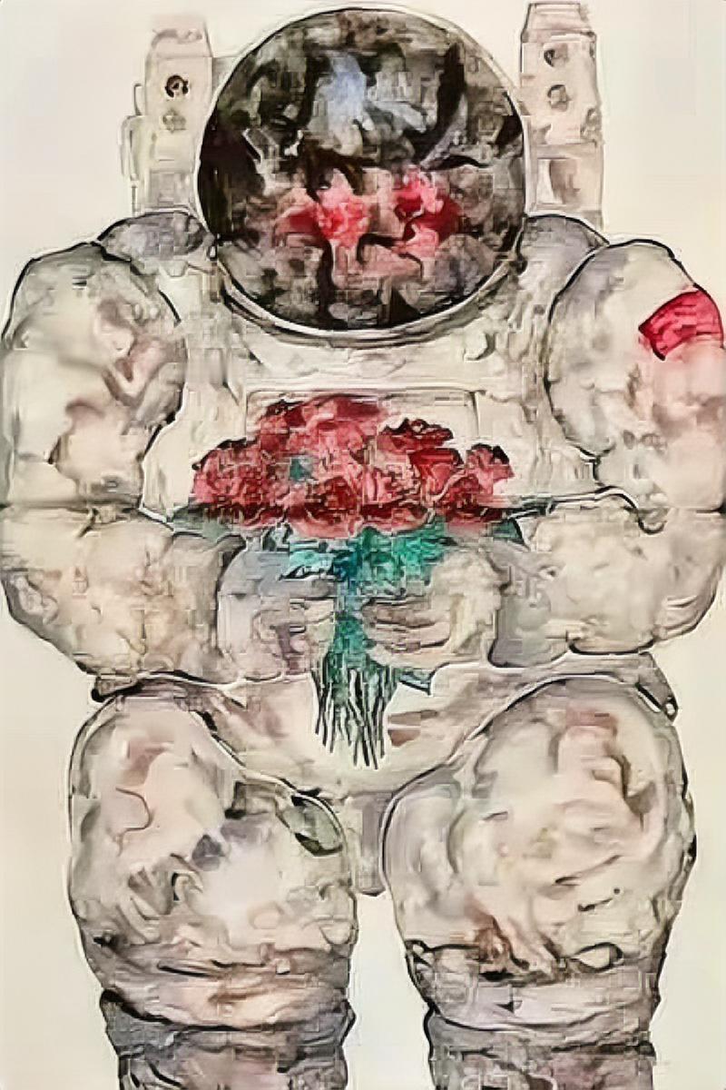 网传这幅画出自清华美院相关创作，航天员体态扭曲臃肿，头盔、怀里铺满红花，观感十分
