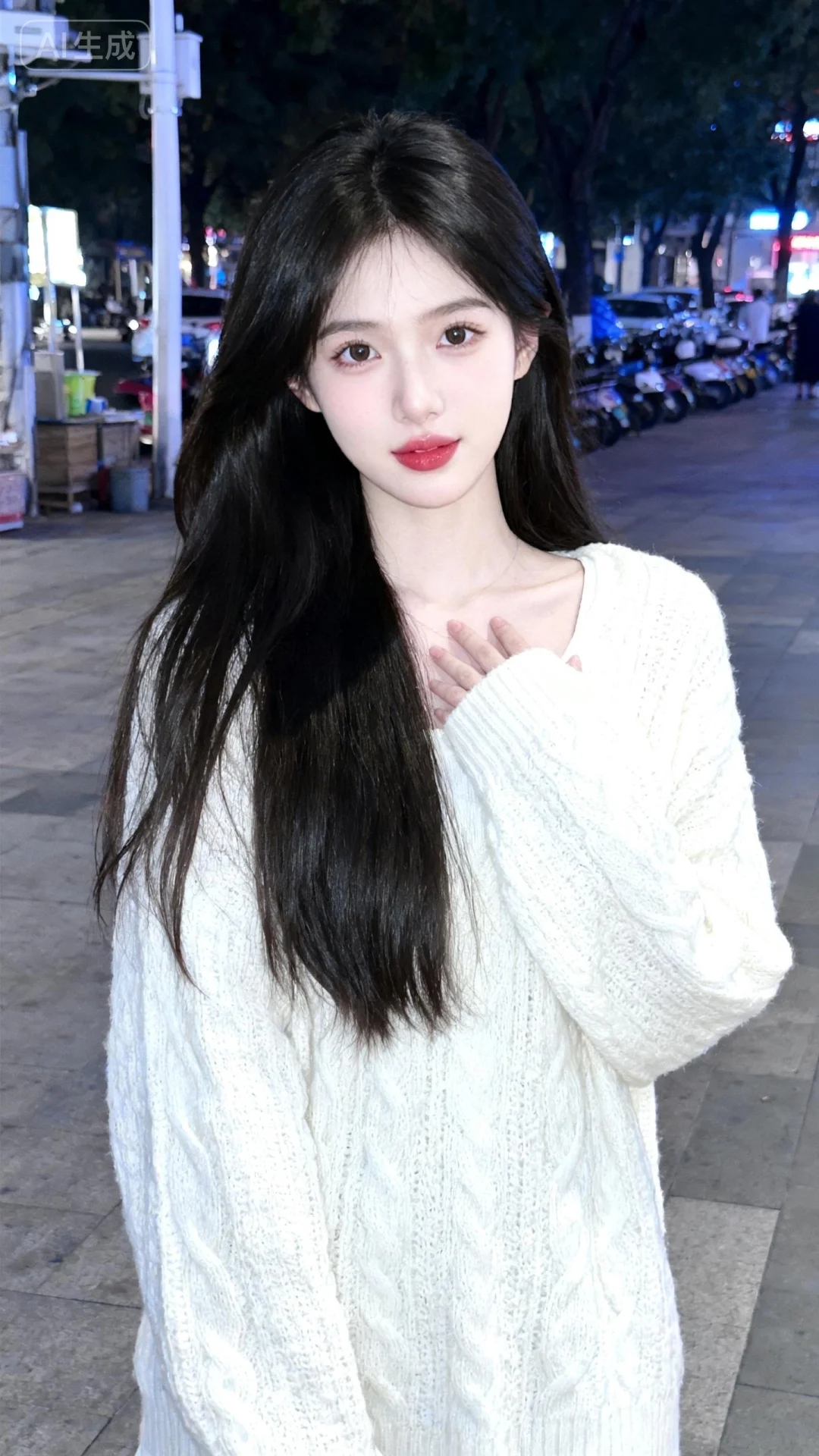 漂亮女生，19岁网红女，冷白皮。穿着白色毛织衫，露出长发，发丝柔顺有光...