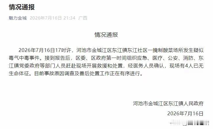 16日河池市官方通报一起毒气致4人死亡事件。2026年7月16日17时许，河池市