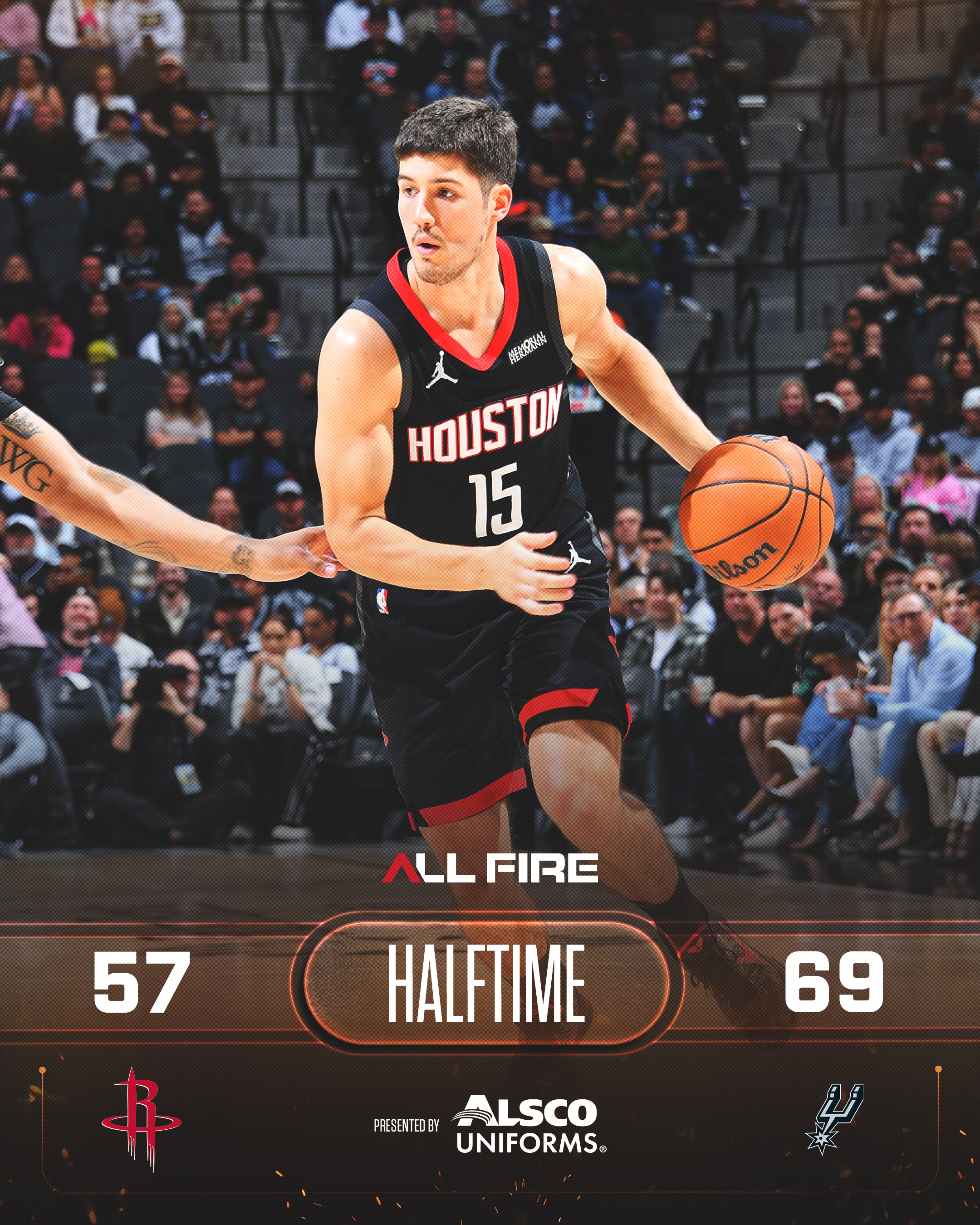 半场比赛结束！火箭57-69马刺！杜兰特11分5板3助、阿门10分7板3助、谢泼