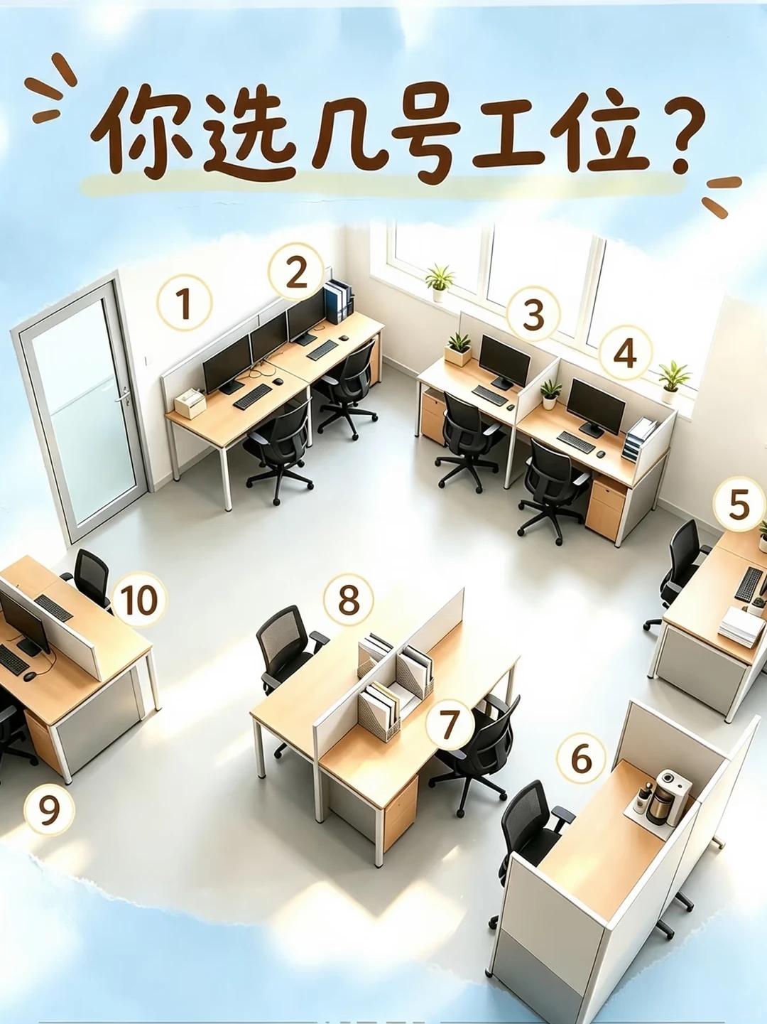 如果让你自由挑选工位，10 个位置你会选几号？

一间办公室划分出 10 处不同
