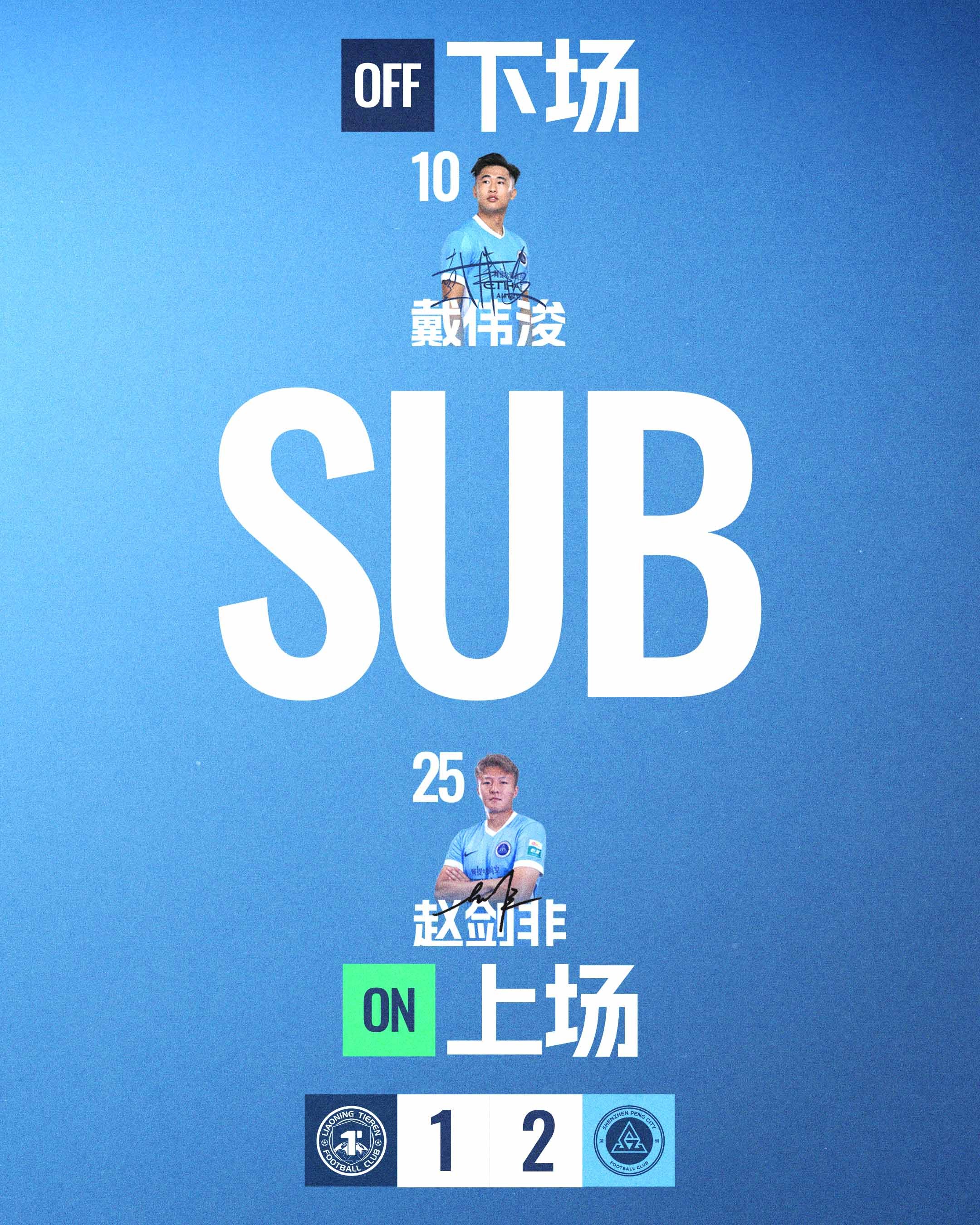 第90+4分钟，深圳新鹏城换人赵剑非登场换下戴伟浚辽宁铁人vs深圳新鹏城中超联赛