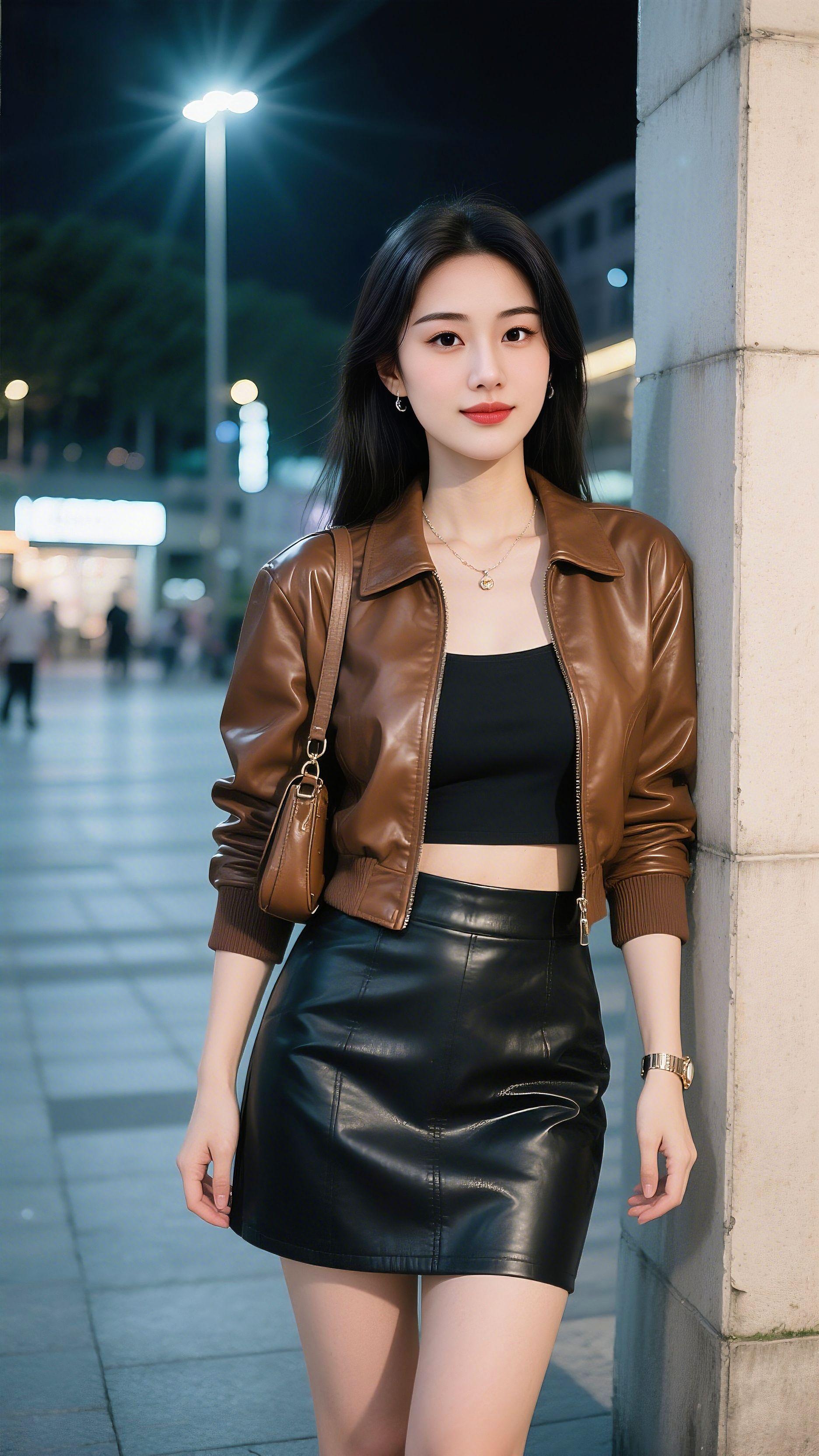 焦糖棕皮衣配黑皮裙，酷飒氛围感直接拉满～😎