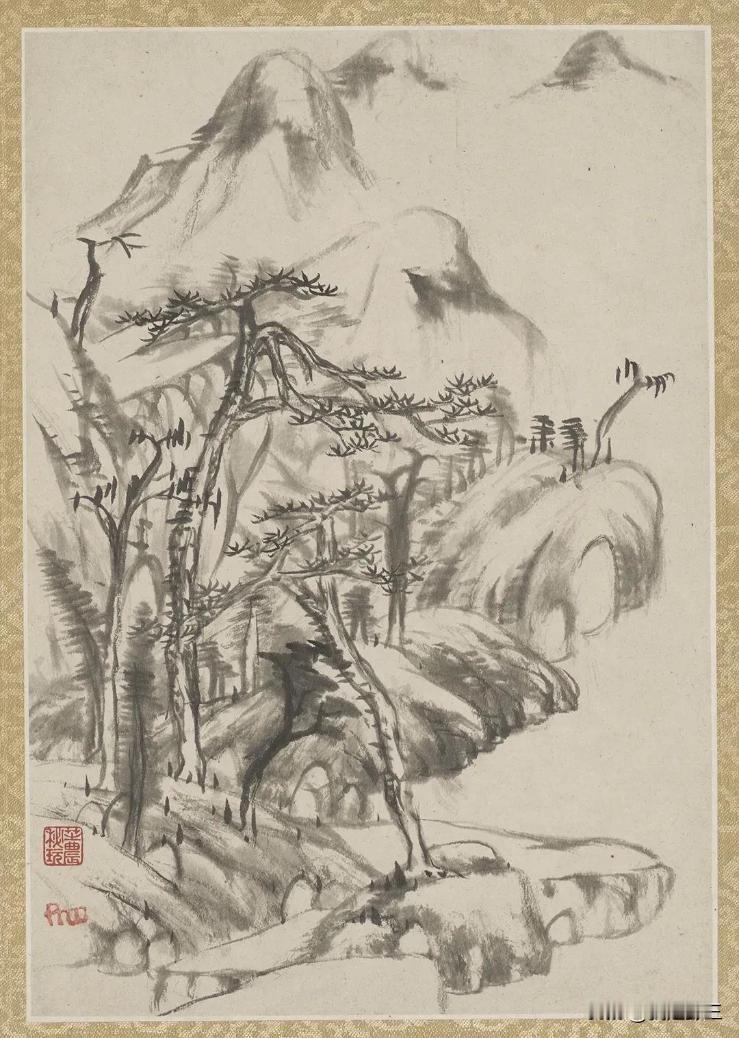 朱耷册页山水四幅，诗文五幅。此四幅用董其昌的笔法来画山水，却绝无秀逸平和，明洁幽