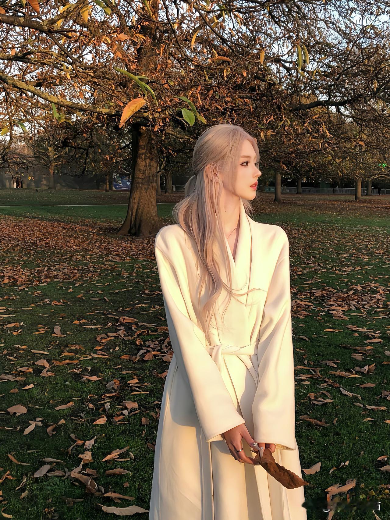 『与深秋少女的浪漫邂逅』
暮色浸染公园，银白色长发如流云垂落，衬得她五官愈发清冷