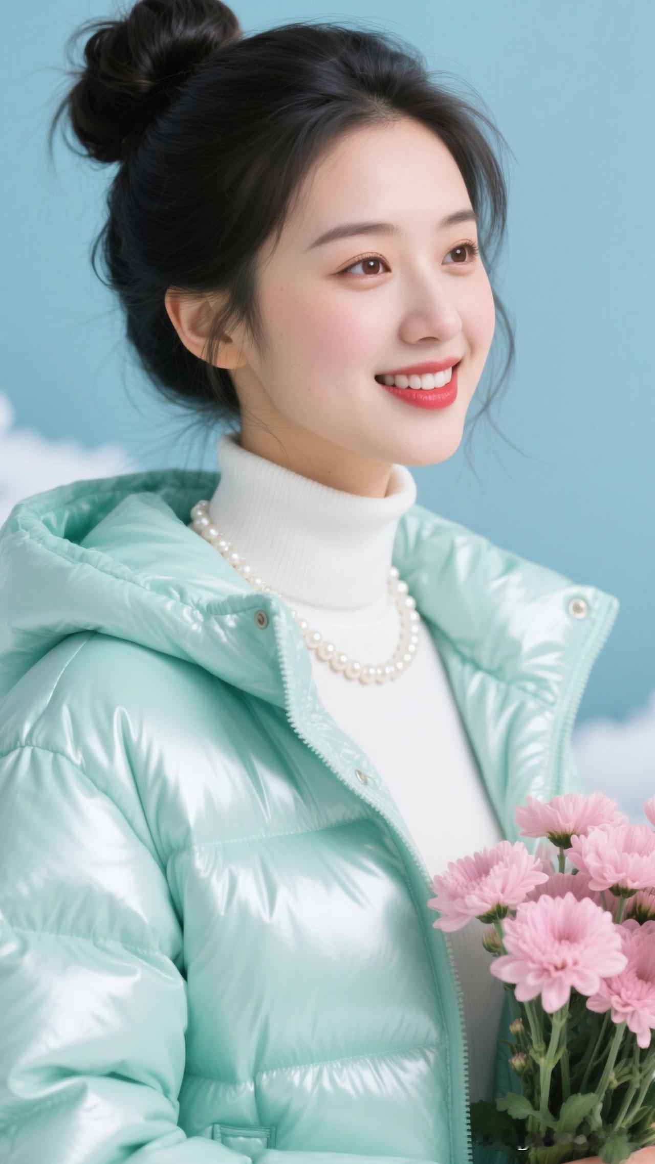 浅蓝为幕，粉花是裁下的霞，薄荷色裹住暖，她站在那里，就是寒冬里最鲜活的暖阳注脚。