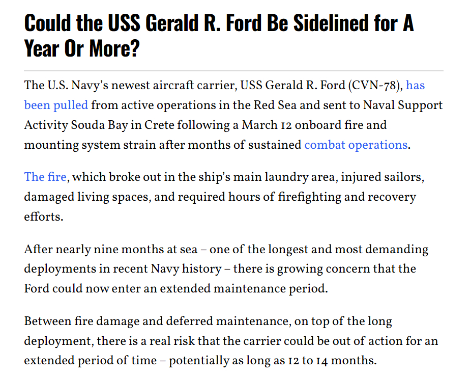 據報，「洗衣間起火」導致「士兵受傷」的美國航母USS Gerald R. For