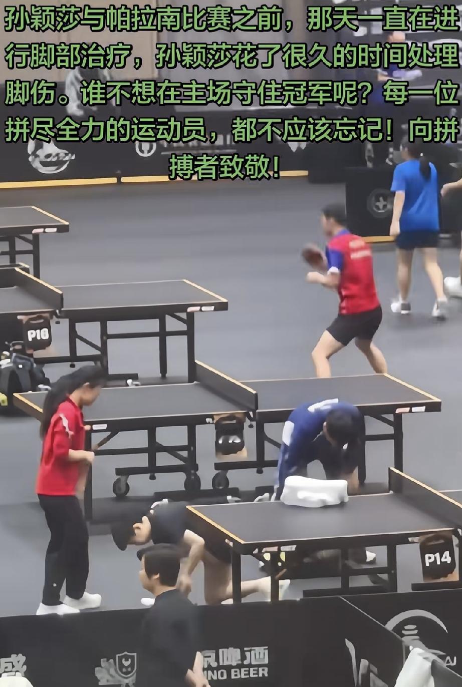 原来孙颖莎和帕拉南比赛前一晚，队医任姐在训练场一直陪着莎莎，反复看脚踝，反复交代