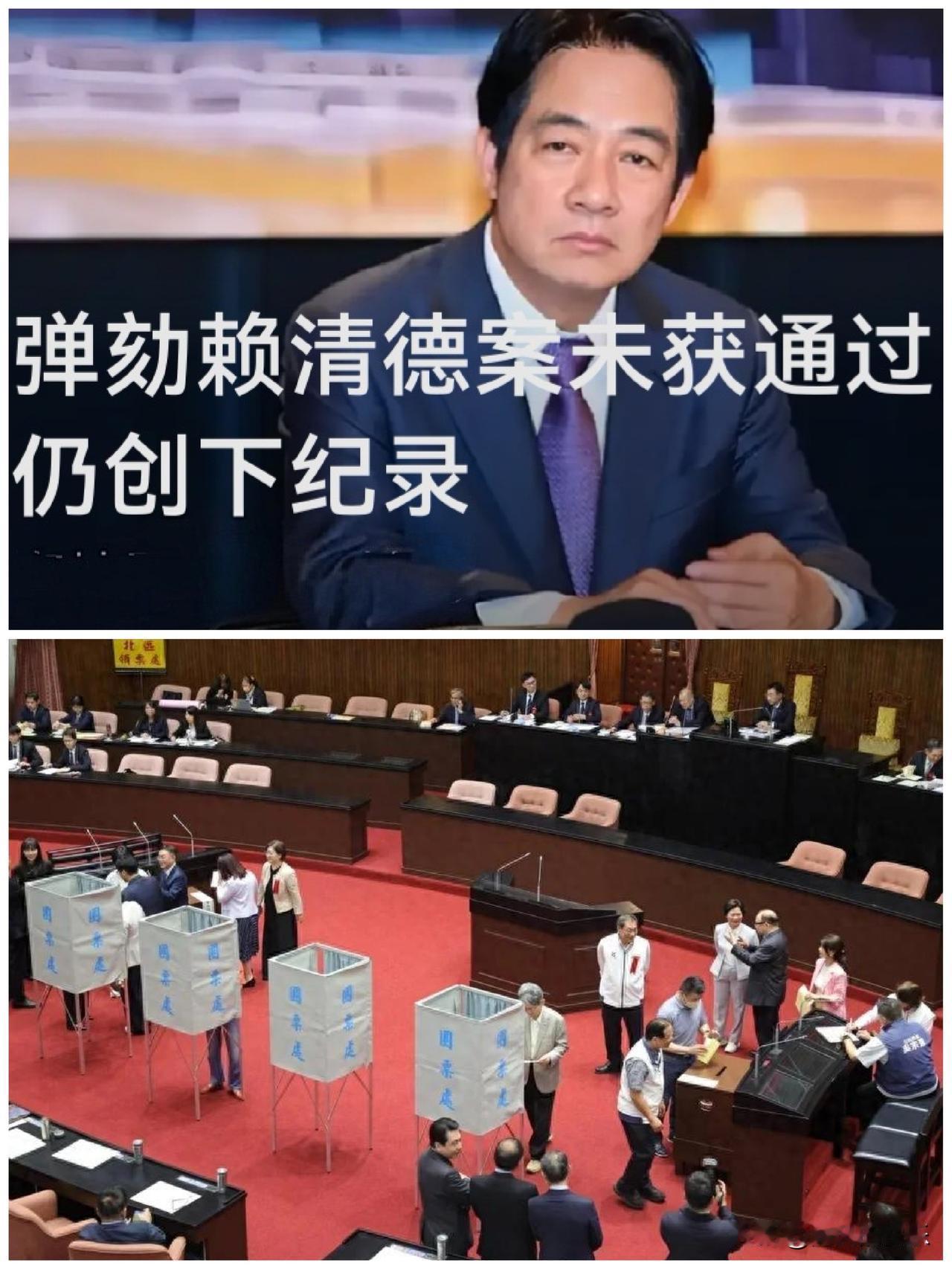 弹劾赖清德案未获通过，仍创下纪录

   据媒体披露海峡导报综合报道 赖清德明天