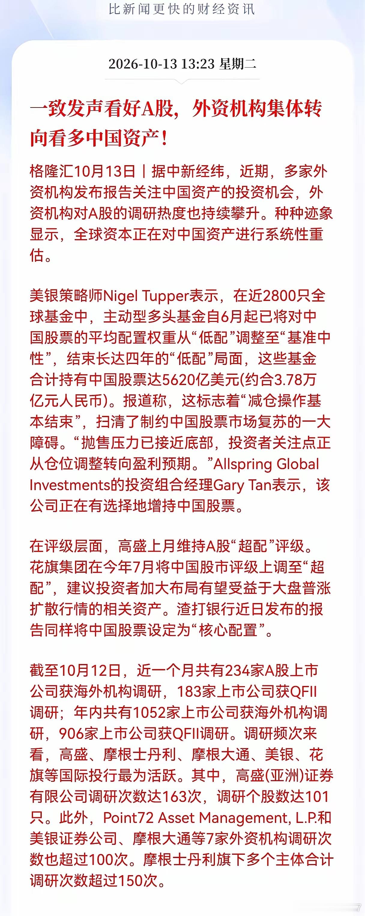 好消息！多家外资机构集体转向看多中国资产，主动多头基金也结束了长达四年的低配状态