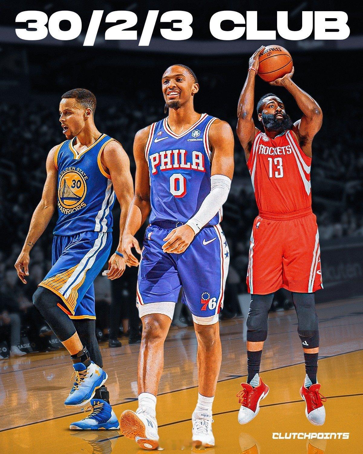 马克西本赛季到目前场均得分30+、2+抢断、3+三分球，单赛季30+2+3，NB