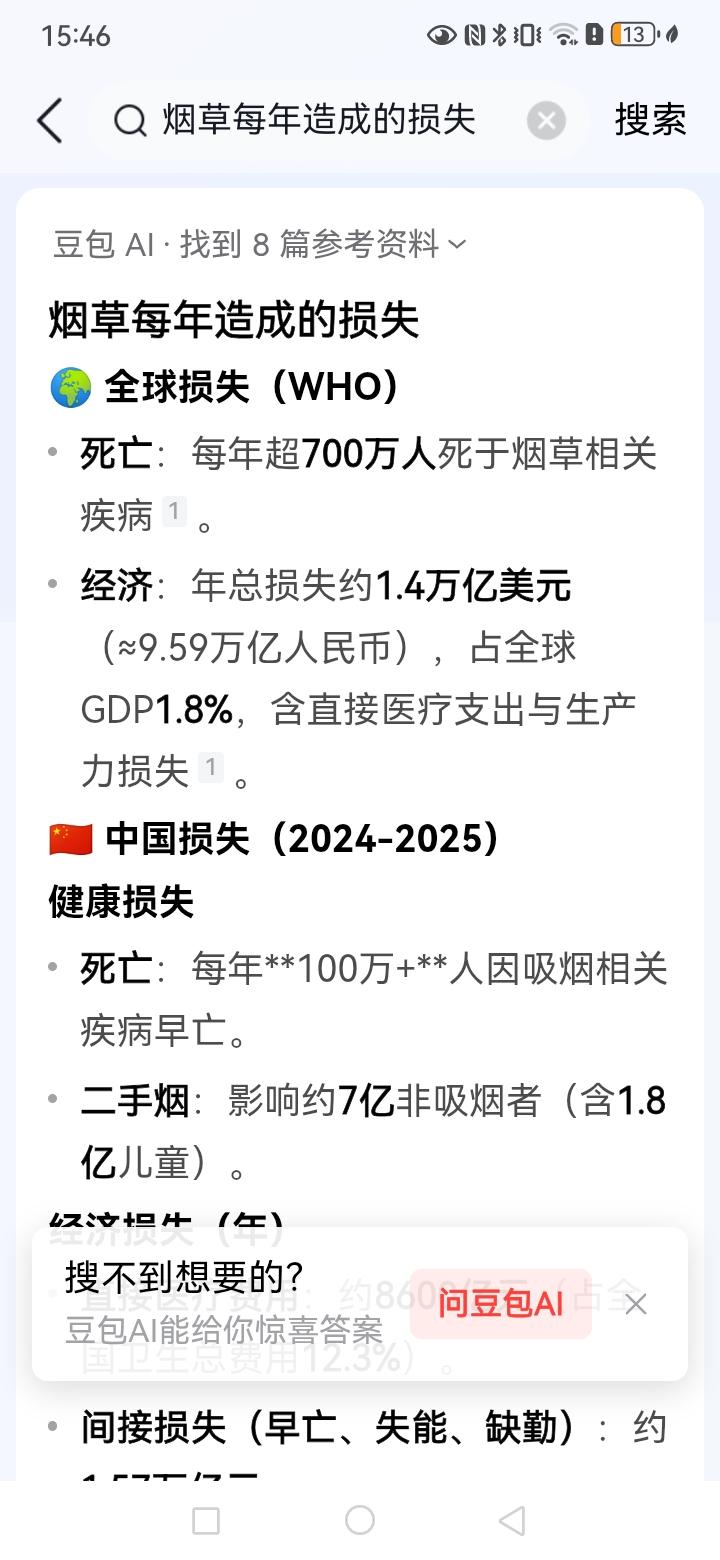 无意中搜索了一下烟草每年造成的损失，中国的经济损失是2.43万亿，这个数字一看很