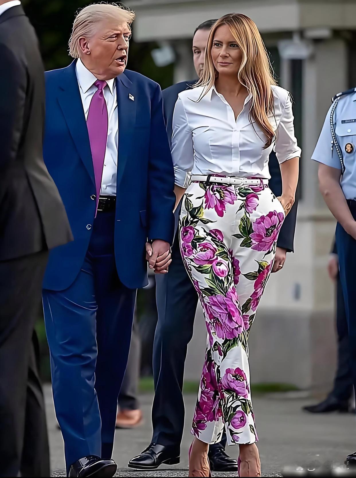 特朗普夫人那大花裤，没几人能驾驭。她超细高跟鞋，走在特朗普旁超有气场。 