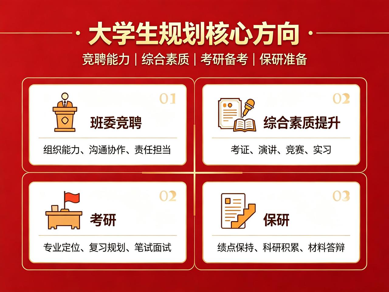 [庆祝]大学生规划主要包括班委竞聘、综合素质提升（考证、演讲等）、考研、保研等，