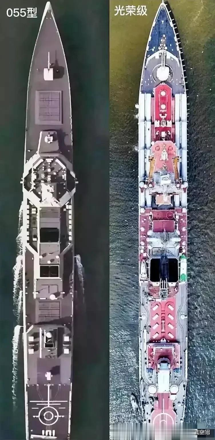 055级驱逐舰与俄“光荣”级驱逐舰对比图。
做这样的对比，简直就是对俄罗斯和中国