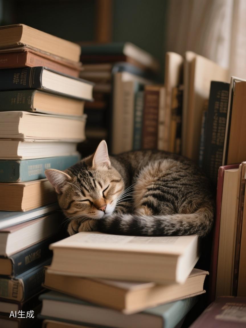 AI妙生图在书堆中沉睡的猫，是倦意的寄托，亦是知识海洋里的一隅静谧，予人安宁遐思