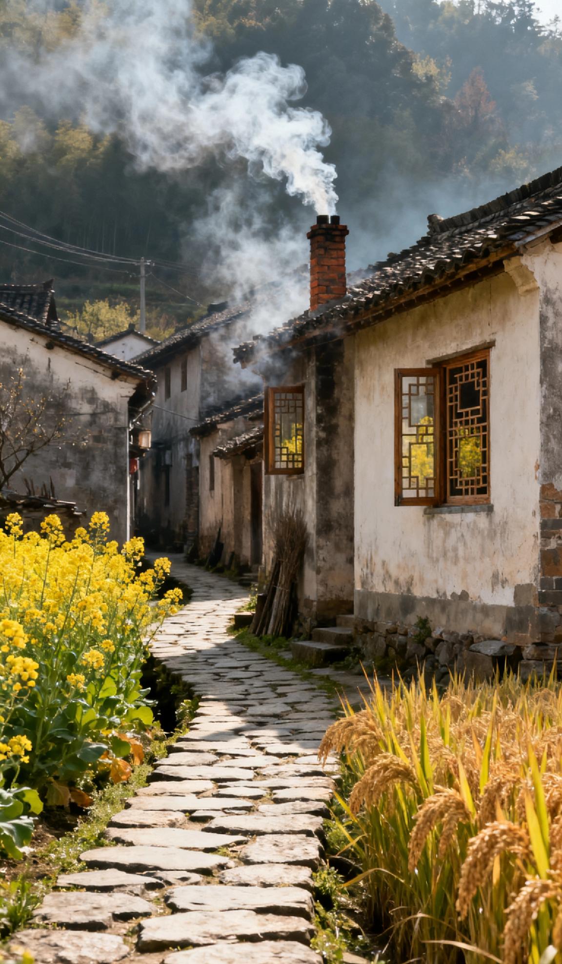 老巷石板藏着童年笑，炊烟里飘着熟悉饭香。春有菜花铺金，秋见稻穗弯腰，老屋的窗棂映