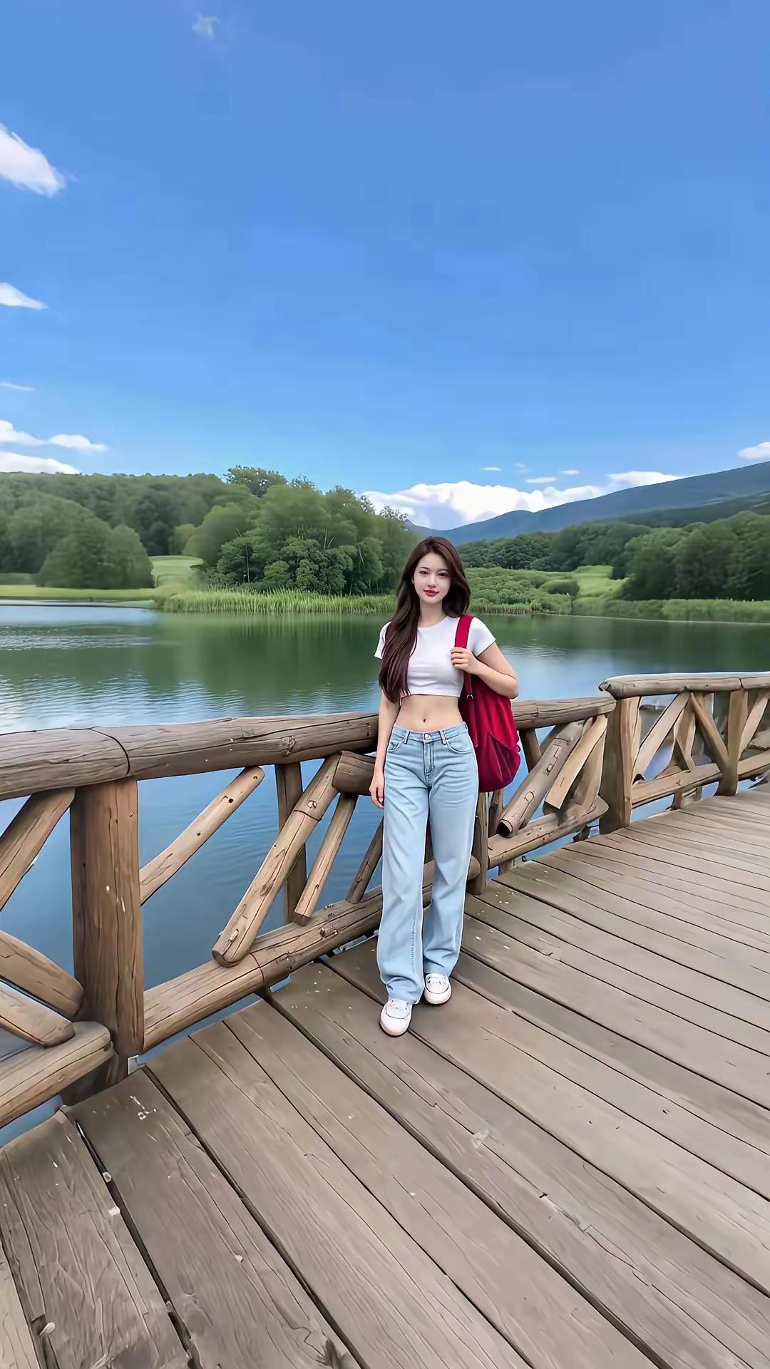 夏日清新穿搭，湖边漫步，享受自然之美！🌞💙👗👖👟