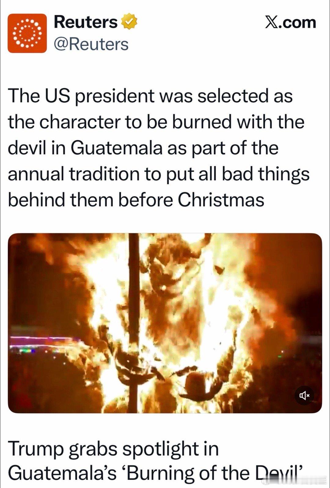 危地马拉传统：圣诞节前烧恶魔，坏事不带进新年今年大家选择，😈和美国总统一起烧?