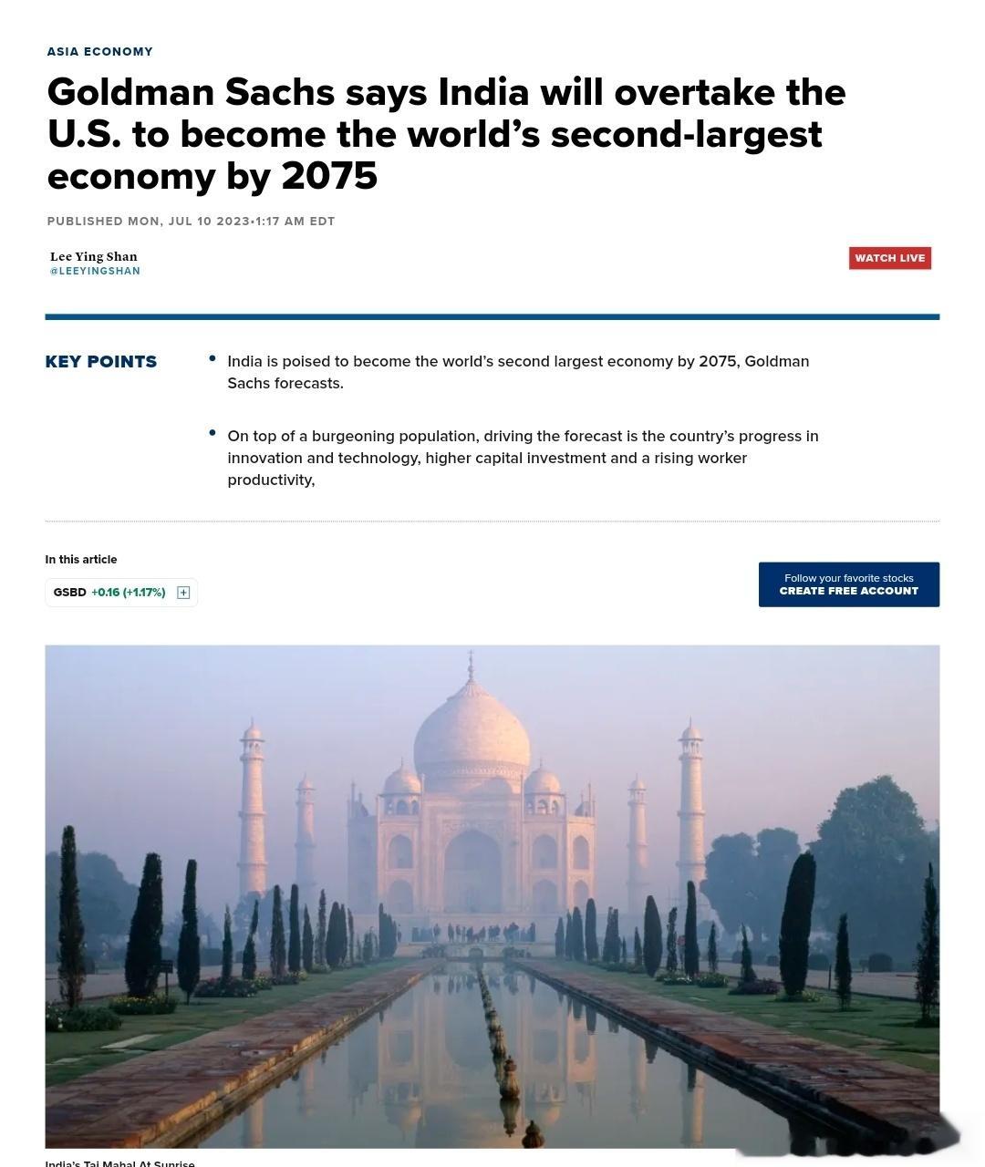 高盛再次预测，印度将在2075年超越美国，成为全球第二大经济体，GDP达到52.