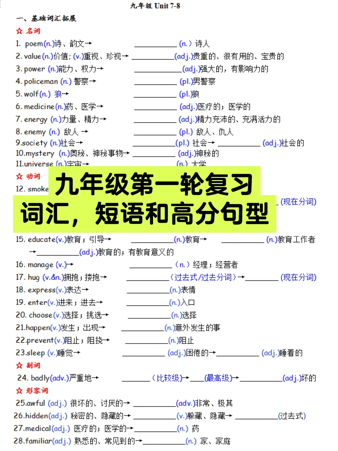 九年级期末一轮复习 重点词汇词形转换，重点短语，话题作文高分句型 10...