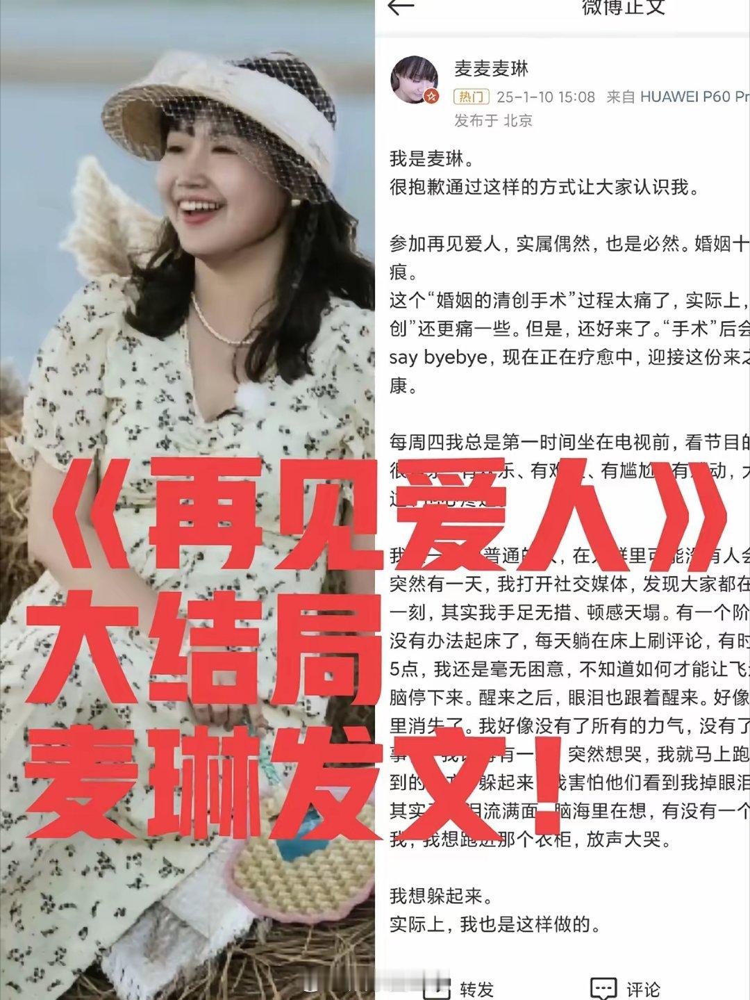 《再见爱人》大结局，麦琳发文，主要讲了三点1.她被网暴的时候感觉天都塌了，无法起