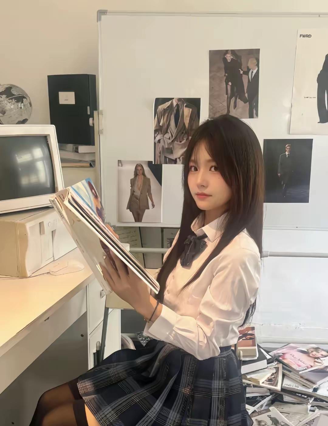 白衬衫配格裙，在堆满旧杂志的房间里翻找灵感，老式显示器和贴满海报的白板，把复古又