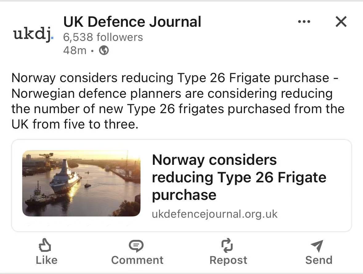 中外舰闻 烽火问鼎计划 每天认识一件兵器 UKDJ也报道了挪威🇳🇴在考虑将T